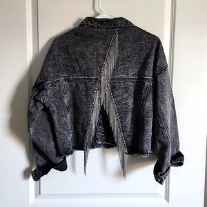 Cropped, oversized, black, acid washed, denim jacket, with rhinestone details.